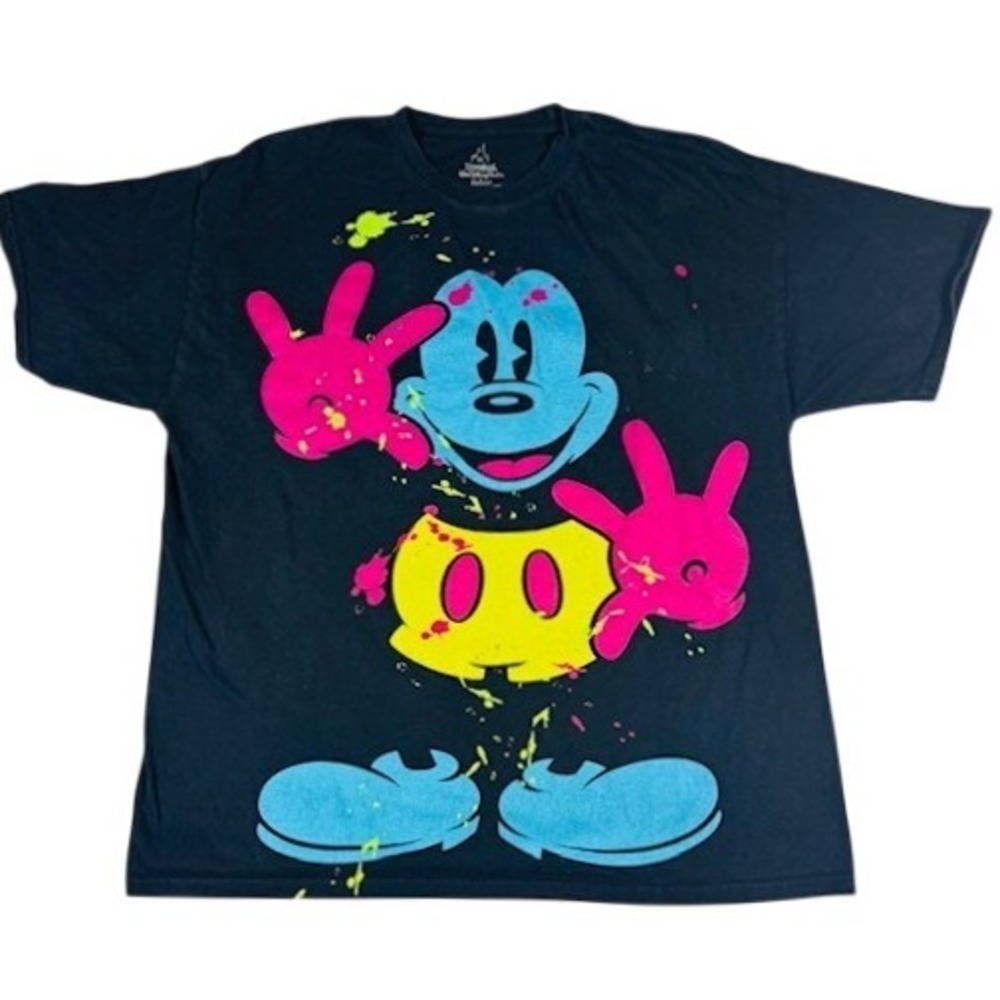 Disney T-Shirt Mens XL Mickey Mouse Neon Paint Splatter Graphic‎ Black Hanes